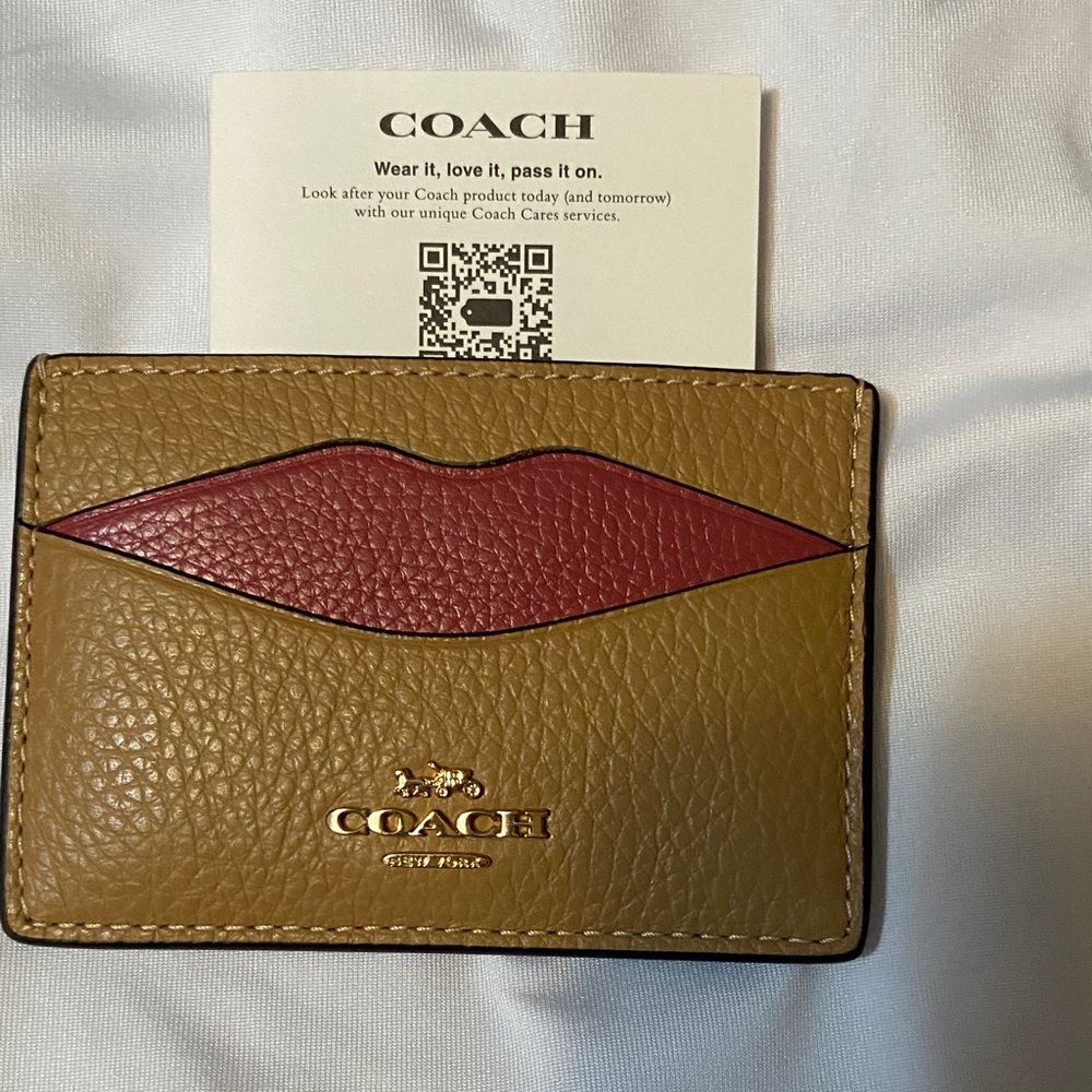 Coach Tan and Red Leather Card Holder - Picture 1 of 4